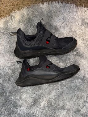 Champion Black Slip-On Mesh Sneakers with Red Logo Accent